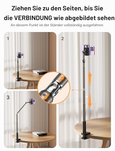 JSAUX Handy Halter mit justierbarem langem Arm für Schreibtisch & Bett, Handystütze, Mobil-Ständer, Handyhalter, Handy-Ständer, Telefonhalter kompatibel mit iPhone 15/15 Pro/15 Plus/14 etc. [Schwarz]
