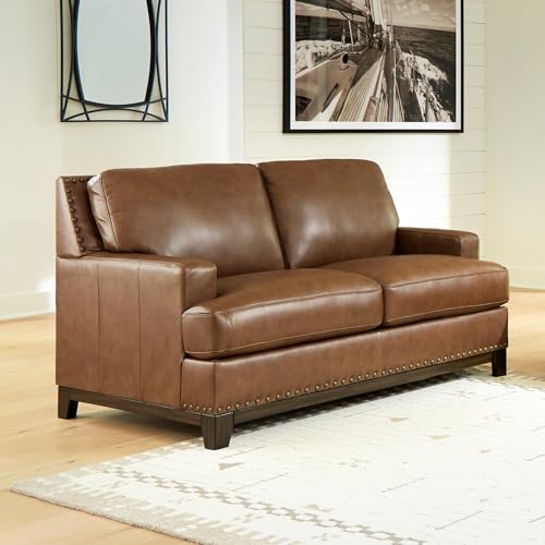 Image of Signature Design by Ashley Brendola Brown Leather Loveseat Sofa