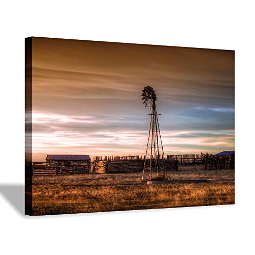 Hardy Gallery Windmill Artwork Rustic Landscape Picture: Farmhouse Painting Wall Art Print on Canvas for Living Room (45'' x 30'' x 1 Panel)