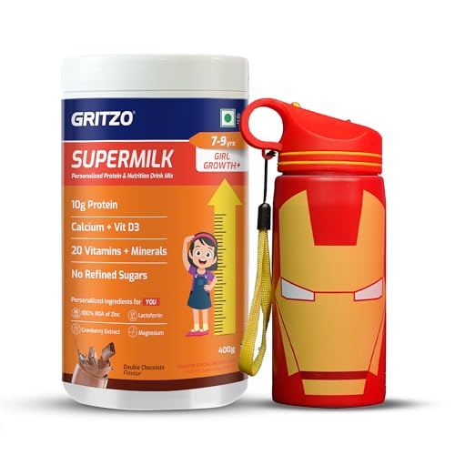 Image of Gritzo SuperMilk Growth+ (Formerly Height+) (7-9y Girls), 10g Protein Powder (Double Chocolate, 400g) with Iron Man Sipper Bottle (Red, 500ml)