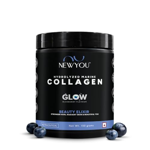 Image of NewYou Collagen Glow Marine Collagen Powder for Skin, Hair & Nail Support | With Glutathione, Biotin, Hyaluronic Acid & Vitamins B Complex, C & E | Supports Skin Hydration & Hair Health | Blueberry Flavour | 150g