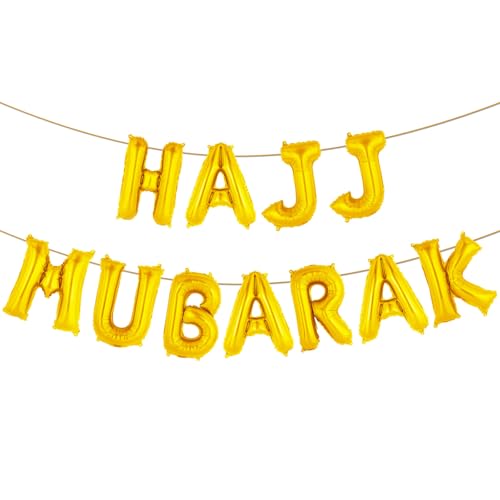 Hajj Mubarak Foil Balloons for Hajj Mubarak Party Decorations 16 Inch Golden Foil Letter Balloons with Ribbon Hanging Balloons Banner for Islamic Party Supplies Muslim Eid Festival Decor