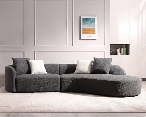 Image of Modern Futuristic J- Style Curved Boucle Febric Sofa Round Arm 4 Seater Sofa with Soft Pillow for Living Room, Bedroom, Hallways (Grey)