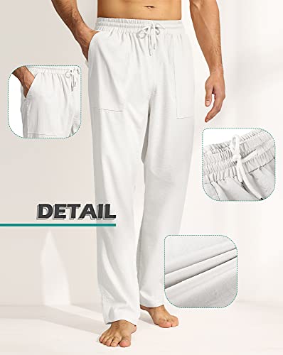 Ficerd 2 Pcs Men's Drawstring Linen Pants Men Casual Beach Trousers With Pocket Lightweight Elastic Yoga Pant (White, Apricot, Xx-Large) #TOP3