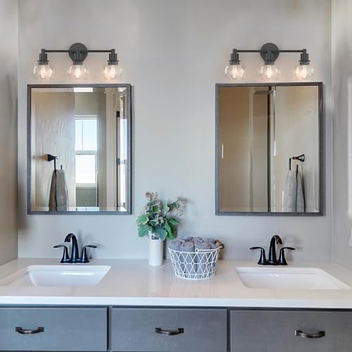Image of 3 Lights Bathroom Vanity Light Fixtures Black, Bathroom Lights Over Mirror, Industrial and Farmhouse 3 Lights Wall Sconce, Matte Black Globe Vanity Lighting Fixtures