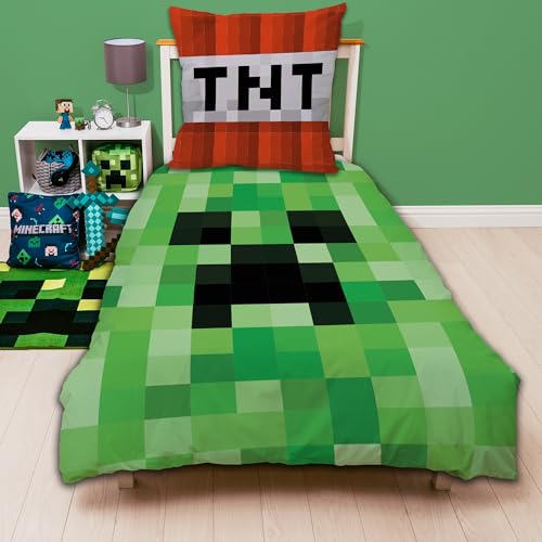 Familando Wende Bettwäsche-Set Minecraft, 135x200cm + 80x80cm, 100% Baumwolle, grün Motiv Craft...