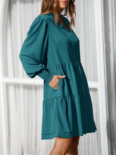 Image of Imily Bela Womens Fall Long Sleeve Tunic Dress Casual V Neck Tiered Dress | Loose,Swing,A-Line,Ruffled Collar,Puff Balloon Sleeve,Smocked Elastic Cuffs,Tiered Layered Ruffle Hem,Babydoll,Loose,Mini