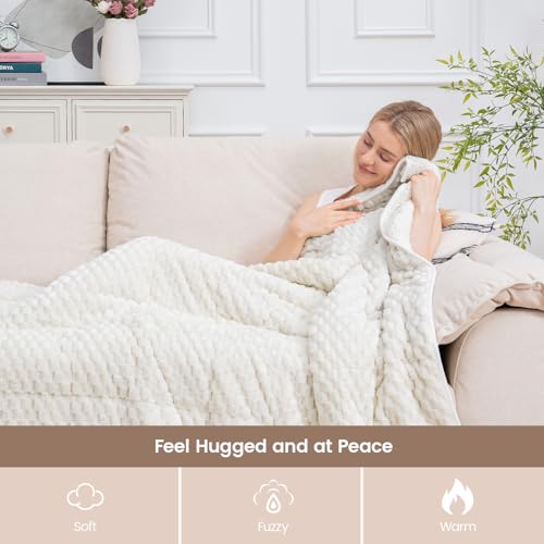 Image of Super Fuzzy Soft Fleece Sherpa Weighted Blanket 15 lbs for Adults, 3D Imitation Turtle Shell Luxury Weighted Throw for Better Sleep, Dual Sided Cozy Blankets for Couch Bed, Cream White, 60 inch x 80 inch