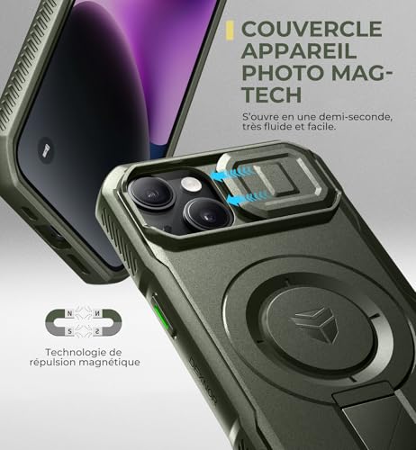 Coque iPhone 13/14 antichoc Dexnor vert militaire avec support - 4