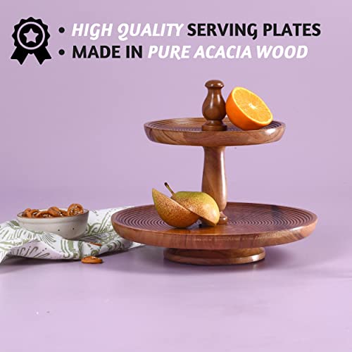 Folkulture Wooden Cake Stand Or Cupcake Stand For Dessert Table, 12 Inch Round Two Tiered Tray Or Decorative Serving Tray, Display Stand Or Cupcake Holder Or Tower For Wedding Décor (Natural Ribbed) #TOP5