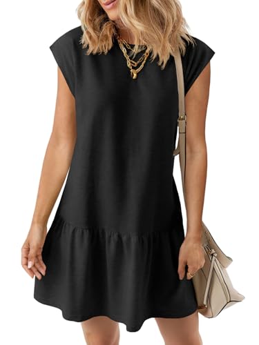 Wenrine Womens Summer T Shirt Dress Casual Short Cap Sleeve Ruffle Hem Crewneck Loose Mini Dresses