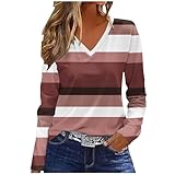 bawilom Women's Long Sleeve Tops Blouse Fall Casual Trendy Colourful Striped Color Block Crewneck Loose Shirts Clothes Pink