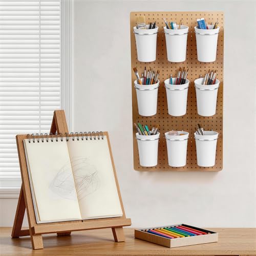 Image of Pegboard Cups With Loops, 9 Pack White Peg Board Pencil Holder Organizer | 1 /8 inch 1 /4 inch Pegboard Accessories, Plastic Hanging Organizer Cups, Tool Organizer Set for Garage Craft Workshop Hobby Storage