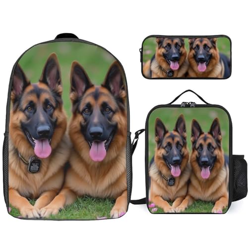 Travel Backpack Set, 17 Inch College Backpack with Thermal Lunch Bag Colorful Cute Pet German Shepherd Dog Pencil Pouch Casual Bookbag Insulated Meal Bag