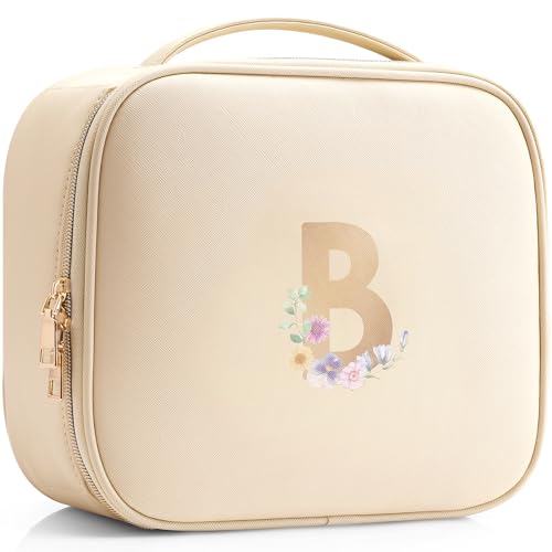 Vladno Graduation Gifts for Women,Personalized Makeup Bag,Makeup Orgainzer Bag with Dividers,Gift Ideas for Wedding Bride Bridemaids Friend(Letter B) Beige-B size:b