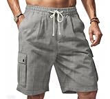 PORCLAY Men's Linen Shorts Casual Drawstring Cargo Shorts Solid Relaxed Fit Summer Beach Pants for Men 2025 Grey XL