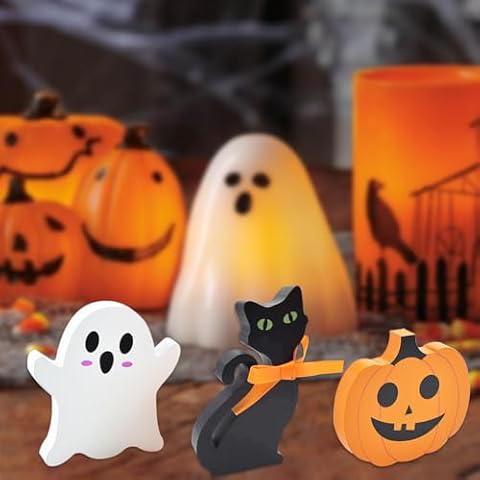 Gosuoa 3 PCS Halloween Decor Indoor,Wooden Cute Halloween Decor Black Cat Ghost Pumpkin Signs Ghost Decorations for Party Home Kitchen Bedroom Bathroom Office Shelf Display Cover