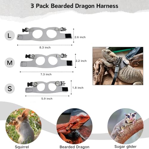 Image of 3 Pack Bearded Dragon Harness and Leash Set- Adjustable Soft Leather Reptile Harness with Retractable Leash for Small Animal Escape-Proof Design for Lizard Squirrel Sugar Glider (Grey)