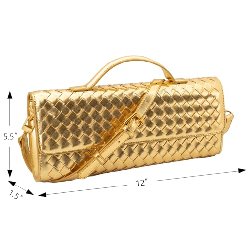 Image of Woven Clutch Purse Ladies Top Handle Handbag Leather Crossbody Shoulderbag with Detachable Strap (Gold)