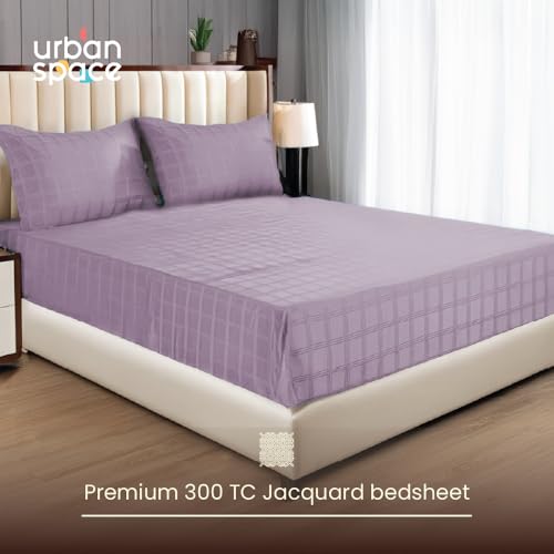 Image of Urban Space 100% Cotton 300TC Jacquard Fitted bedsheets for King Size Bed, Pure Cotton Bedsheet King Bed, Checks Fitted bedsheet King Size with 2 Pillow Covers (72 x 78 Inches, Soft Mauve Checks)