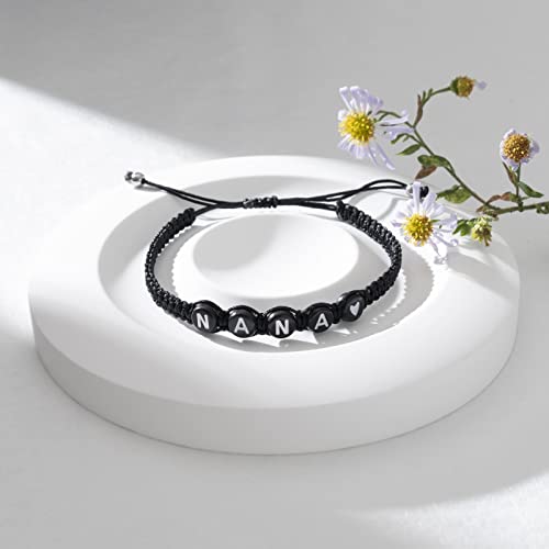 Image of Braided Rope Bracelet Adjustable Jewelry for Family Sisters Mom Grandma BFF | Adjustable black woven rope bracelets with personalized letter engraving.gifts for family, sisters, grandma & best friends