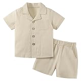 Baby Boy Clothes Set Toddler Summer Outfit Cotton Linen Short Sleeve T-Shirt Top Pocket Button-Down Shirt Short Set Khaki