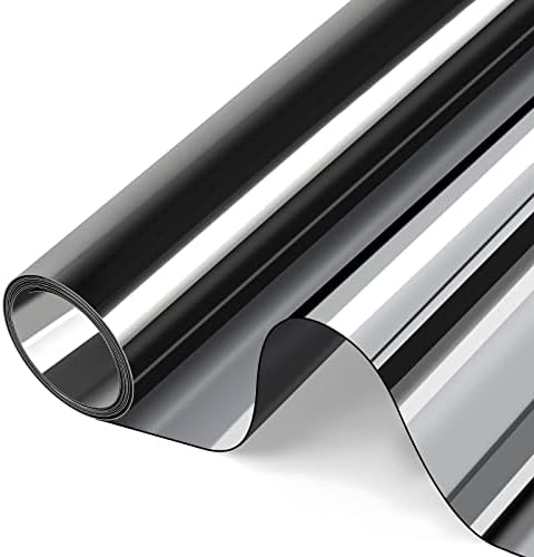 KORKIE Window Film Mirror One Way Daytime Privacy Static Cling Heat UV Reflective Window Tint Foil for Home and Office, Black-Silver, 17.5 Inch x 6.5 Feet