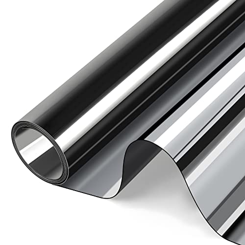 Korkie Window Film Mirror One Way Daytime Privacy Static Cling Heat Uv Reflective Window Tint Foil For Home And Office, Black-Silver, 17.5 Inch X 6.5 Feet #TOP29