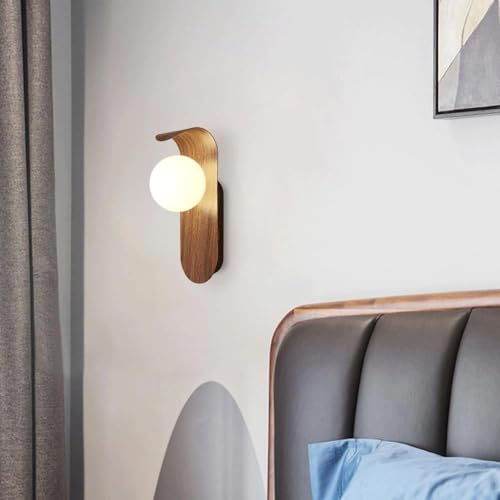Lingcmp Mid Century Wall Sconce Walnut Texture Glass Globe Wall Lighting Wood Industrial Farmhouse Wall Light Bedside Indoor Retro Industrial Wall Mounted Lamp thumb #1