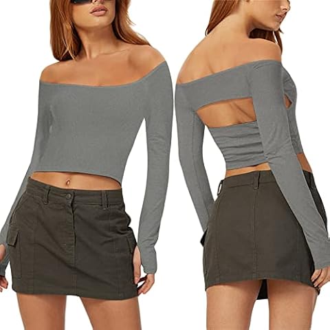 Boudaner Women’s Off The Shoulder Tops Backless Long Sleeve for Women Y2K Crop Shirts Cut Out Tees, Grey, S Cover