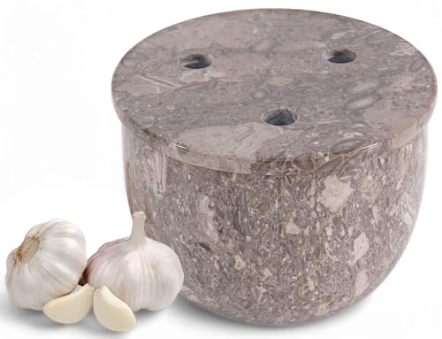 Radicaln Marble Garlic Keeper With Lid 4.5 Inch Oceanic Handmade Garlic Storage and Garlics Container For Kitchen Keep Fresh Garlic Cloves Ideal Garlic Keeper for Counter