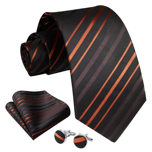 Image of Enlision Mens Ties Stripe Tie and Pocket Square Set Classic Formal Woven Neckties Handkerchief Cufflinks Wedding