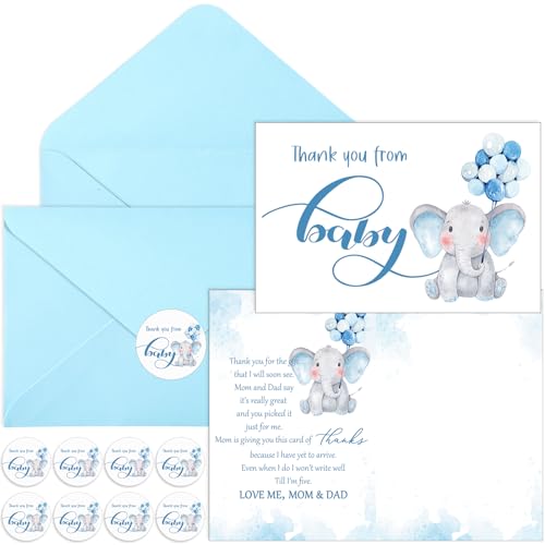 Zhanmai 50 Sets Baby Shower Thank You Gift Cards 50 Elephant Themed Baby Shower Thank You Notes with 50 Envelopes and 50 Stickers for Boys Girls...