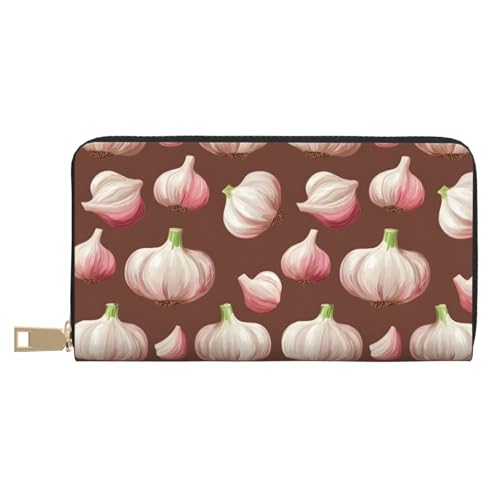 Leather Thin Slim Wallets for Women Men - Fashion Realistic Garlic Print Card Wallet Holder with Zipper