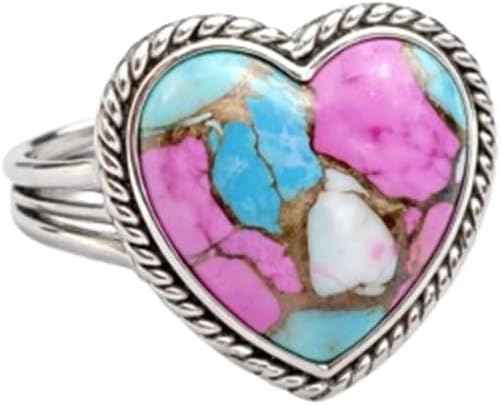 Multi Dahlia Turquoise Gemstone Heart Rings, Minimalist 925 Silver Handmade Jewelry for Women, Valentine Day Gift