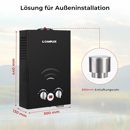 CAMPLUX BW158BC-DE Tankless Gasdurchlauferhitzer mit Regenhaube, Tragbar LPG Durchlauferhitzer, 6 Liter, 12kW, 50mbar, Campingdusche