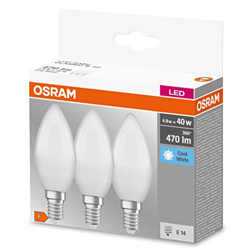 OSRAM LED BASE Classic B40, lampada LED a filamento smerigliato in vetro per base E14, forma di candela, bianco freddo (4000K), 806 lumen, sostituisce lampadine convenzionali da 40W, scatola da 3