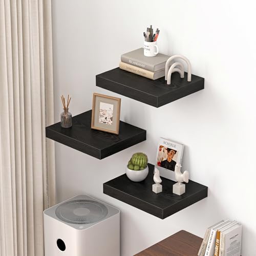 Image of Dreamland 16 inch Floating Shelves for Wall, 12 inch Deep Thicker Black Floating Shelves, Wall-Mounted Shelves for Bedroom, Living Room, Kitchen, Bathroom - Set of 3