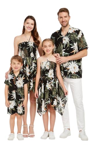 Image of Family Matching Hawaiian Clothes, Wispy Cereus Black | Lightweight 100% rayon • Family matching outfits • Tropical floral print • Beach vacations • Luaus • Cruises • Family photos