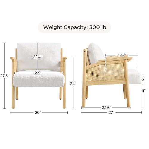 Yaheetech Accent Chair, Boucle Vanity Chair with Rattan Back Arms, Mid Century Chair Upholstered Living Room Chair Lounge Chair Bedroom Balcony White - Image 2