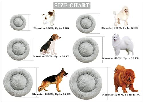 Comlax Beruhigende Donut Hundebetten XXXL, Rundes Kissen mit abnehmbarem waschbarem Bezug, Anti-Angst-Kunstfell-Kuscheltier, Flauschiges, bequemes, pelziges Haustierbett (115cm, Silber)