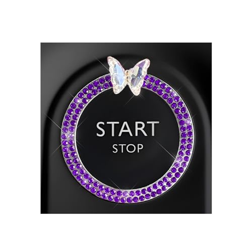 Image of DXNQ Bling Ring Emblem, Sparkling Butterfly Car Buttons and Knobs Ring, Girly Butterfly Diamond Car Engine Start Button Cover, Key Ignition Knob Rings Decoration for Women (Purple, Double Row)