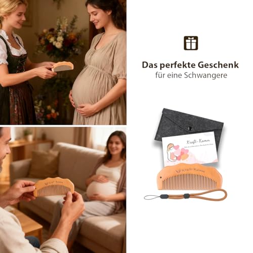 Gzxhsy Geburtskamm Wehenkamm Holzkamm | Natürliche Schmerz- & Angstlinderung unter der Geburt | Geschenk für Schwangere | Mit Handschlaufe, Filztasche & Motivationskarte
