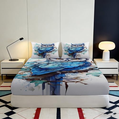Drap housse hibou 200x200x25cm en microfibre bleue
