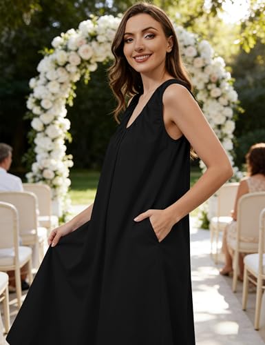 Image of Livtany Women's Scoop Neck Ruched Maxi Dress Flowy Swing Wide Straps Long Dress Casual Sleeveless Sundress with Side Pockets