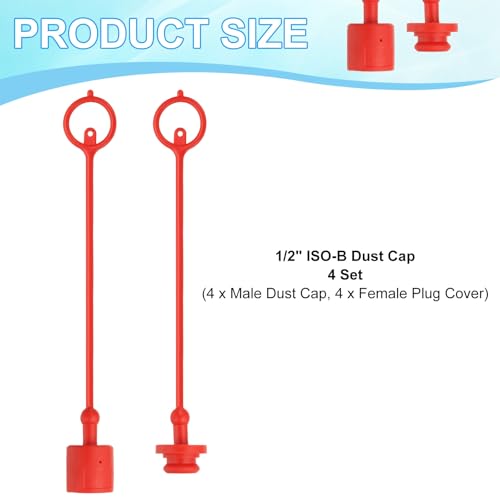 Image of PATIKIL 1 /2 inch ISO-B Hydraulic Coupler Male Dust Cap and Female Plug Cover, Set of 4 Rubber Quick Disconnects Port Plug Cover Fittings Red Cap with Retention Ring