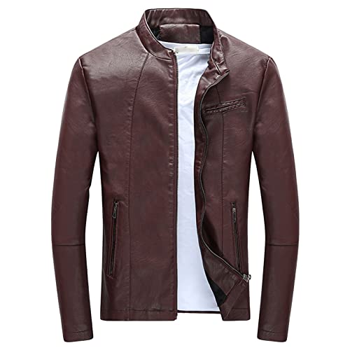Maiyifu-GJ Men's Faux Leather Lambskin Biker Jacket Winter Warm Motorcycle Outwear Fleece Lined PU Leather Full Zip Jackets (Red,Medium)