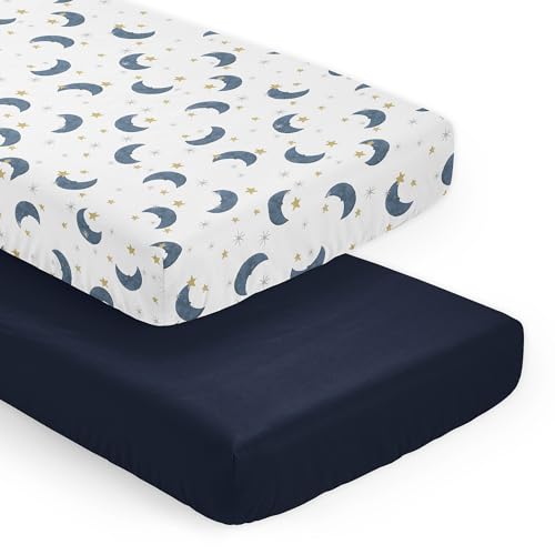 Image of Sweet Jojo Designs 2-Piece Baby Crib Sheets Set (Moon and Star) for Girls /Boys, Infant Nursery, Toddler Room - Fitted, Standard Size (Solid Navy Blue and Watercolor, Celestial, Sky, Stars and Moons)