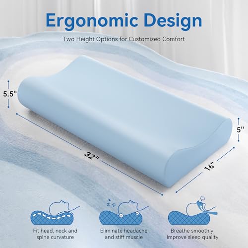 Image of AM AEROMAX 32 inch King Size Contour Memory Foam Pillow, Cervical Pillow for Neck Pain Relief, Neck Orthopedic Sleeping Pillows for Side, Back and Stomach Sleepers