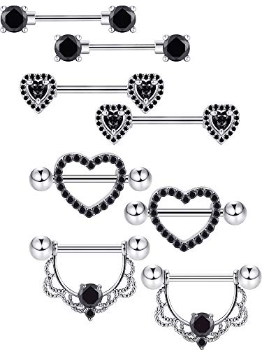 Tatuo 4 Pairs Stainless Steel Nipple Rings Tongue Ring Piercing Body Jewelry Barbell CZ Heart Shape Rings for Women Girls (Color 4)